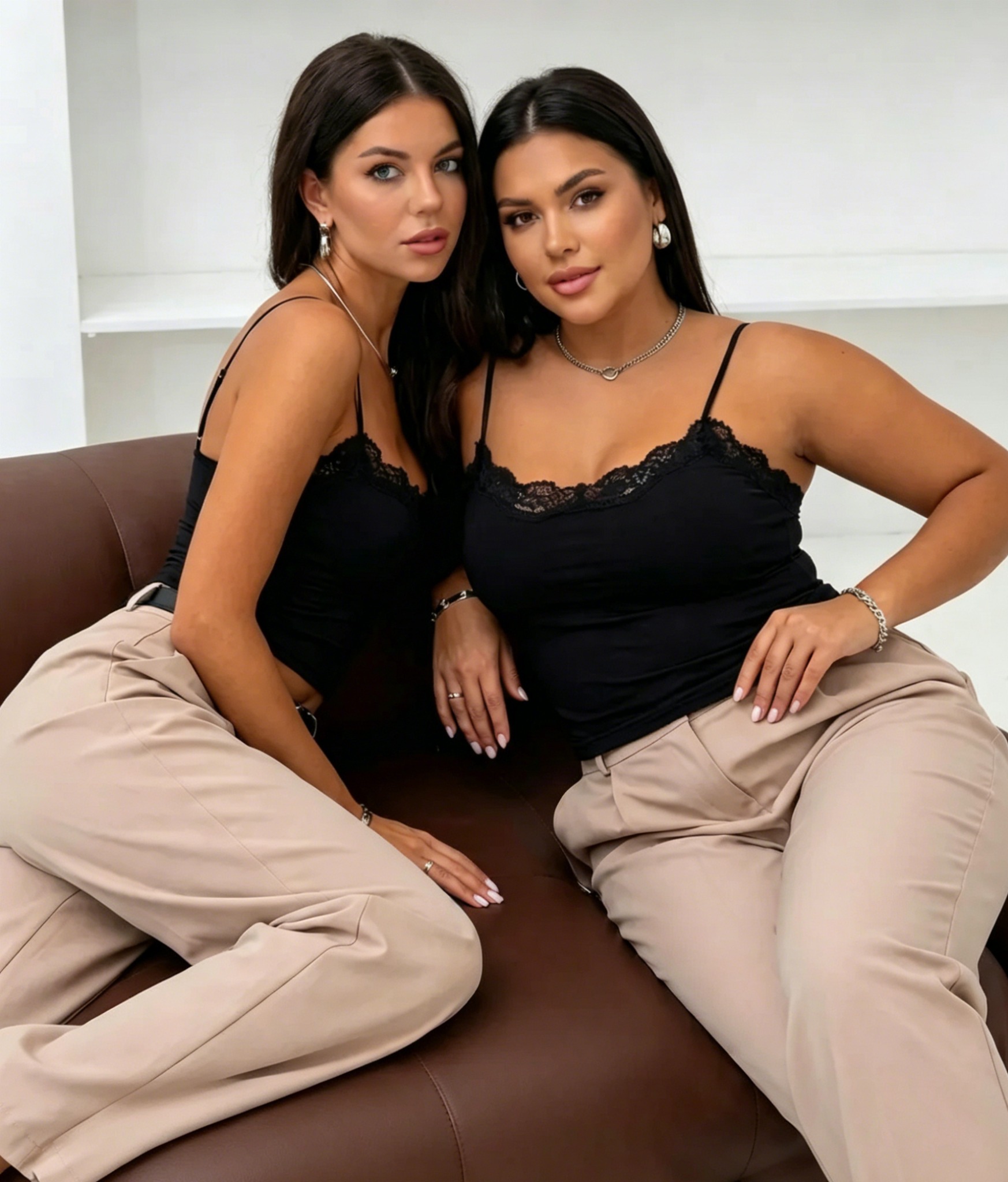 Two models wearing black double-layer adjustable lace camisoles, style 9816